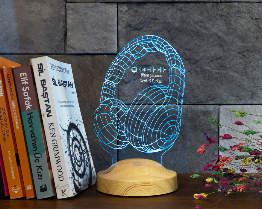 Doğum Günü Hediyesi Spotify Barkod Paylaşımlı Kulaklık Şeklinde Kişiye Özel 3D LED Lamba