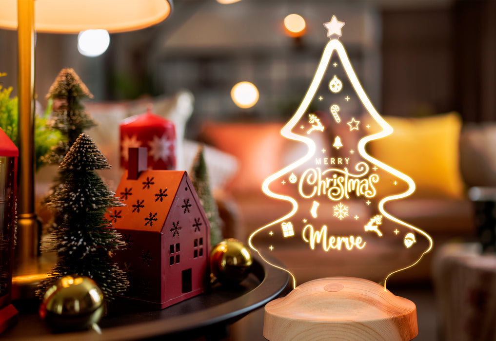 Yılbaşı Çam Ağacı Temalı LED Lamba – Kişiye Özel Yeni Yıl Hediyesi