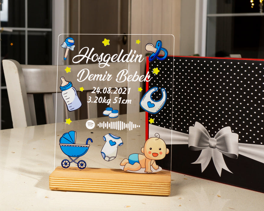 Kişiye Özel Pleksi Şeffaf Çerçeve Hoşgeldin Bebek Doğum Hediyesi / Pembe - Mavi Tasarım Seçeneği