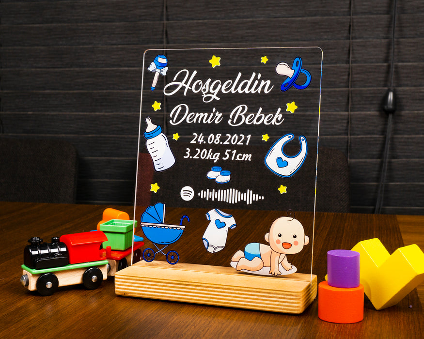 Kişiye Özel Pleksi Şeffaf Çerçeve Hoşgeldin Bebek Doğum Hediyesi / Pembe - Mavi Tasarım Seçeneği