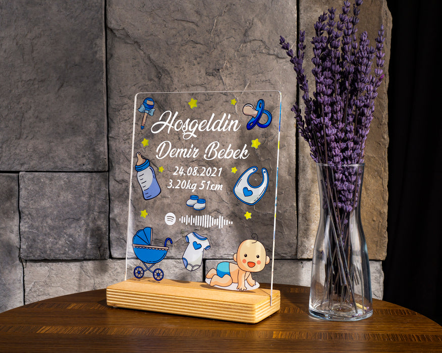 Kişiye Özel Pleksi Şeffaf Çerçeve Hoşgeldin Bebek Doğum Hediyesi / Pembe - Mavi Tasarım Seçeneği