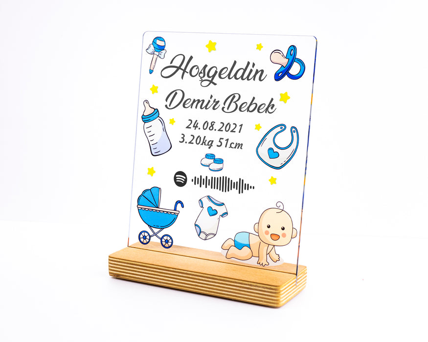 Kişiye Özel Pleksi Şeffaf Çerçeve Hoşgeldin Bebek Doğum Hediyesi / Pembe - Mavi Tasarım Seçeneği