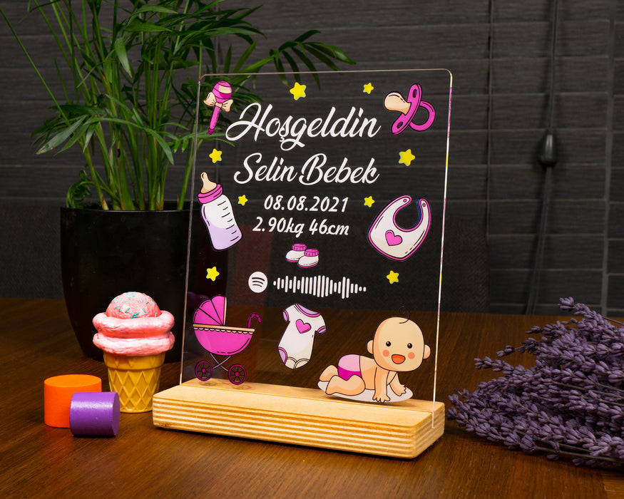 Kişiye Özel Pleksi Şeffaf Çerçeve Hoşgeldin Bebek Doğum Hediyesi / Pembe - Mavi Tasarım Seçeneği