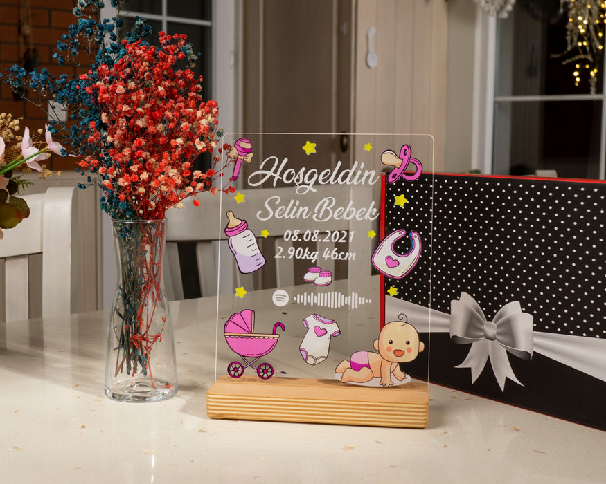 Kişiye Özel Pleksi Şeffaf Çerçeve Hoşgeldin Bebek Doğum Hediyesi / Pembe - Mavi Tasarım Seçeneği