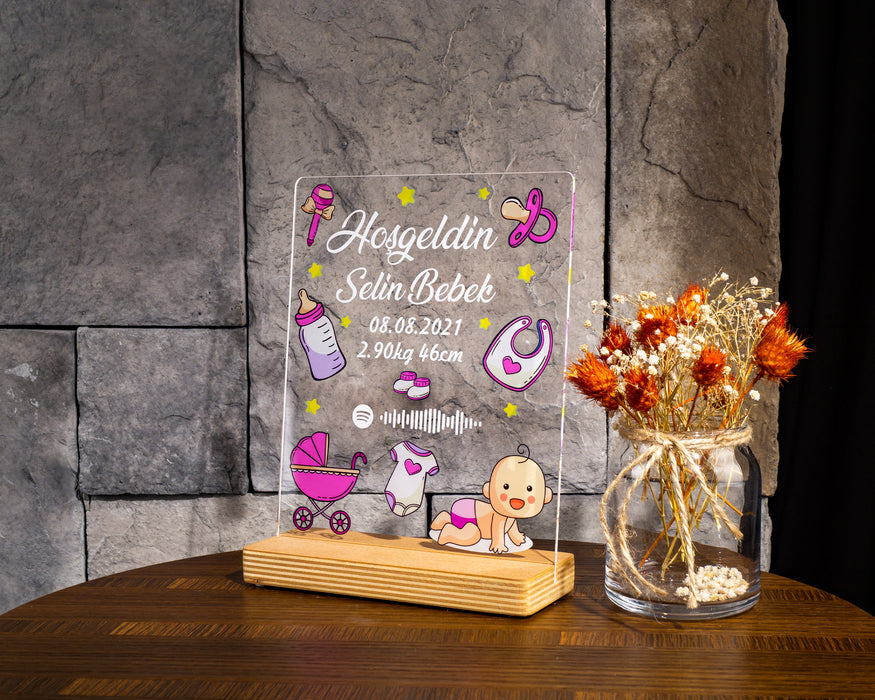 Kişiye Özel Pleksi Şeffaf Çerçeve Hoşgeldin Bebek Doğum Hediyesi / Pembe - Mavi Tasarım Seçeneği