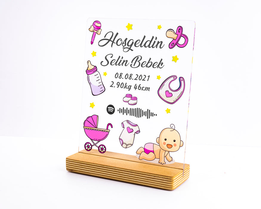 Kişiye Özel Pleksi Şeffaf Çerçeve Hoşgeldin Bebek Doğum Hediyesi / Pembe - Mavi Tasarım Seçeneği