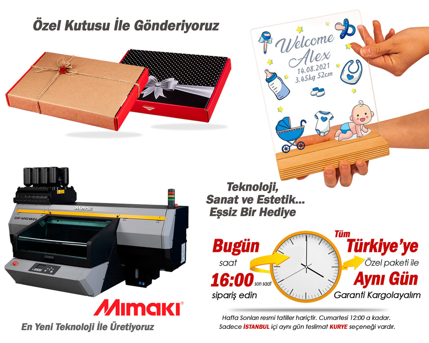 Kişiye Özel Pleksi Şeffaf Çerçeve Hoşgeldin Bebek Doğum Hediyesi / Pembe - Mavi Tasarım Seçeneği