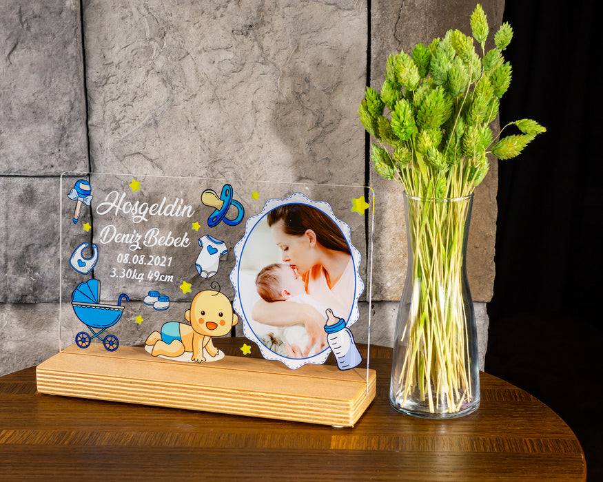 Kişiye Özel Pleksi Şeffaf Çerçeve Hoşgeldin Bebek Fotoğraflı Doğum Günü Hediyesi