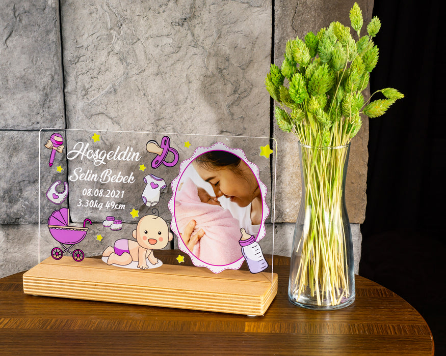 Kişiye Özel Pleksi Şeffaf Çerçeve Hoşgeldin Bebek Fotoğraflı Doğum Günü Hediyesi