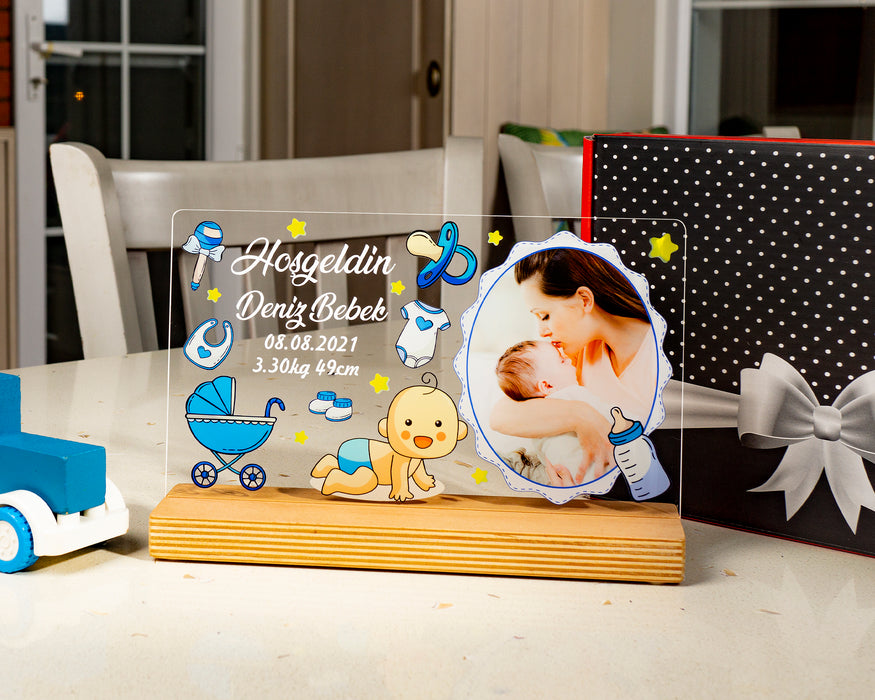 Kişiye Özel Pleksi Şeffaf Çerçeve Hoşgeldin Bebek Fotoğraflı Doğum Günü Hediyesi