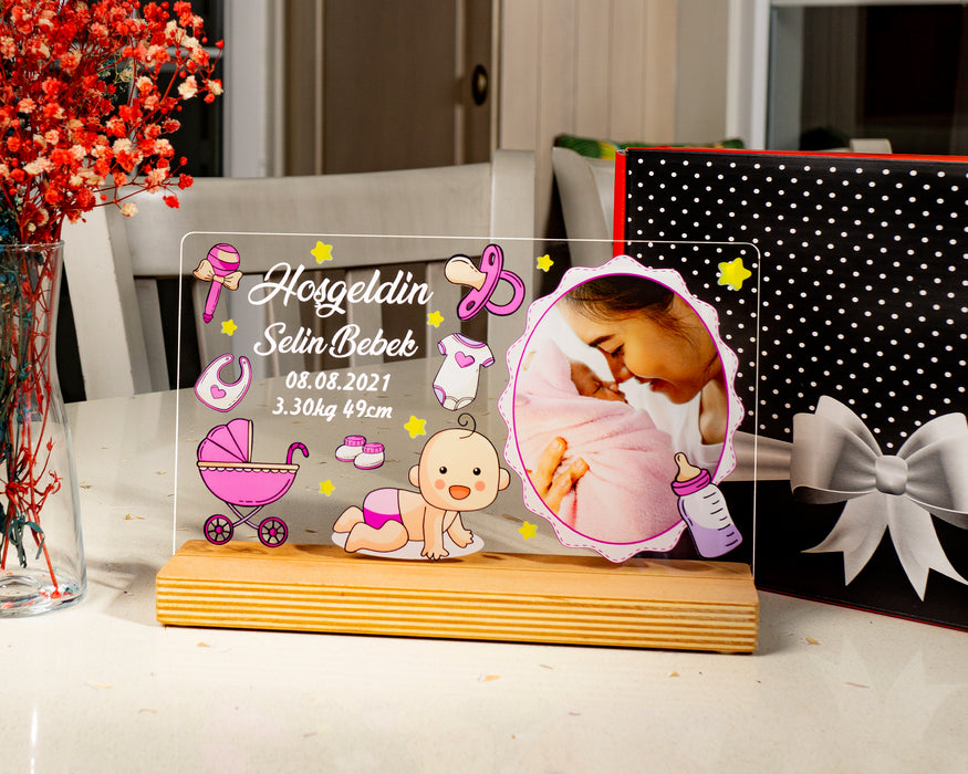 Kişiye Özel Pleksi Şeffaf Çerçeve Hoşgeldin Bebek Fotoğraflı Doğum Günü Hediyesi
