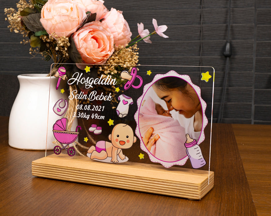 Kişiye Özel Pleksi Şeffaf Çerçeve Hoşgeldin Bebek Fotoğraflı Doğum Günü Hediyesi