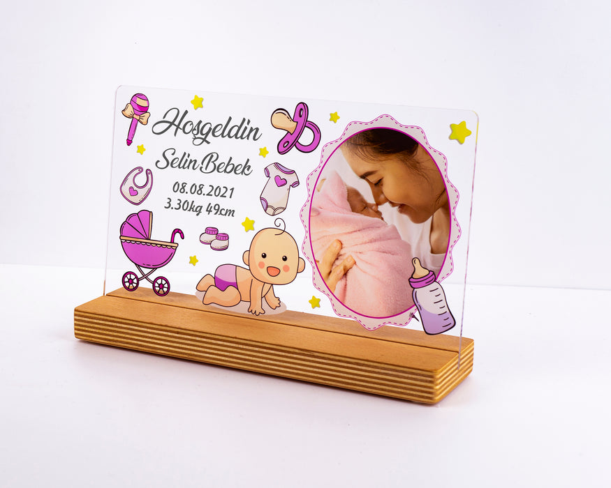 Kişiye Özel Pleksi Şeffaf Çerçeve Hoşgeldin Bebek Fotoğraflı Doğum Günü Hediyesi