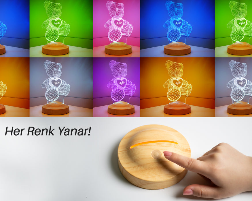Kalpli Ayıcıklı Hediye, Ayıcık Led Lamba, Ayı Teddy 3d Hediyesi 3 Boyutlu Led Lamba