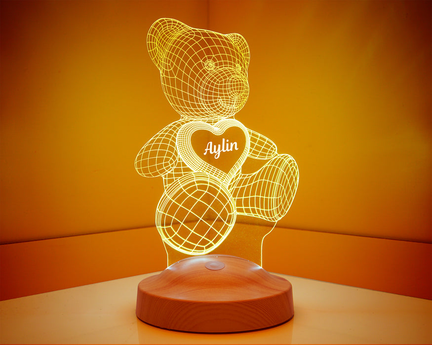Kalpli Ayıcıklı Hediye, Ayıcık Led Lamba, Ayı Teddy 3d Hediyesi 3 Boyutlu Led Lamba