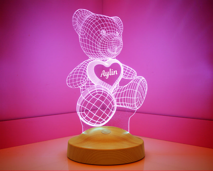 Kalpli Ayıcıklı Hediye, Ayıcık Led Lamba, Ayı Teddy 3d Hediyesi 3 Boyutlu Led Lamba