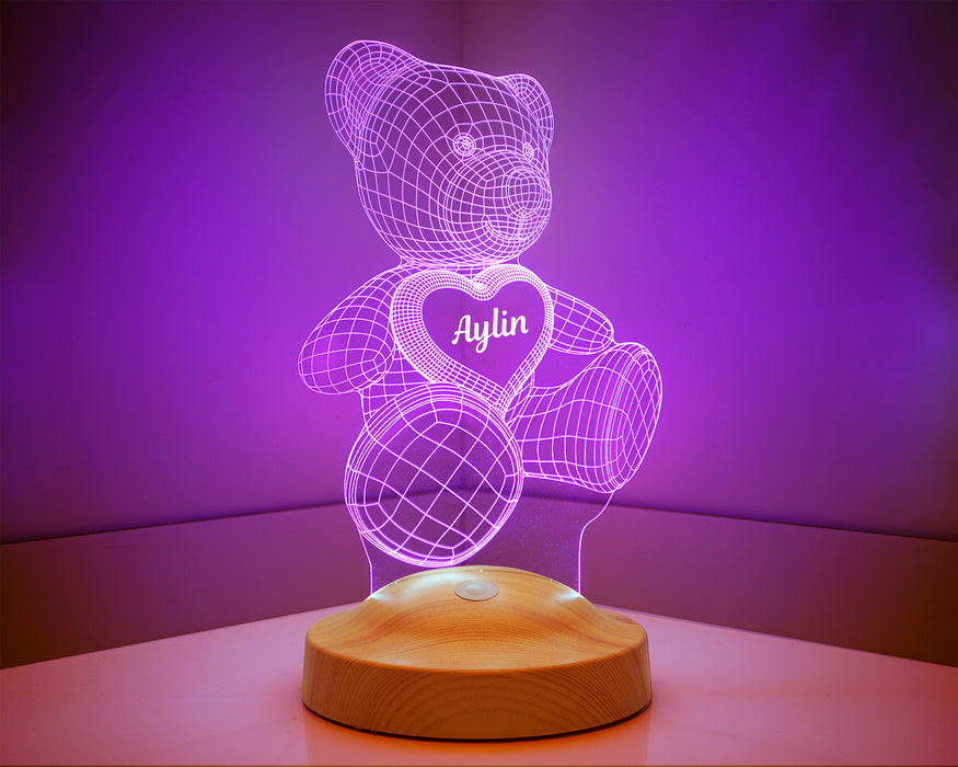 Kalpli Ayıcıklı Hediye, Ayıcık Led Lamba, Ayı Teddy 3d Hediyesi 3 Boyutlu Led Lamba