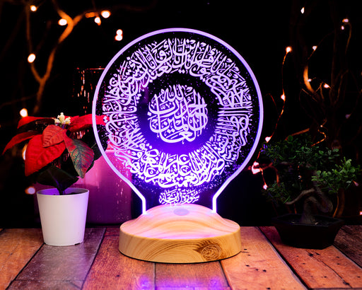 Yuvarlak bir cam üzerinde fatiha suresi işli dini hediyelik led gece lambası