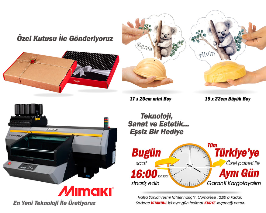 Koala Figürlü LED Lamba – İsimli Bebek Doğum Günü Hediyesi