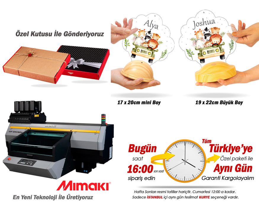 Safari Temalı Çocuk Doğum Günü Gece Lambası, Safari Temalı Jip Arabalı Parti Hediye Led Lamba, Sevimli Hayvanlar Bebek Gece Lambası