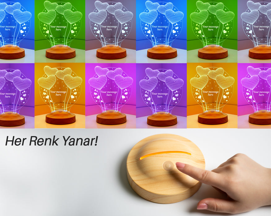 İsimli Doğum Günü Hediyesi, Sevgiliye, Arkadaşa Doğum Günü Hediyesi, Balon Kalpler Kişiye Özel 3D Led Lamba