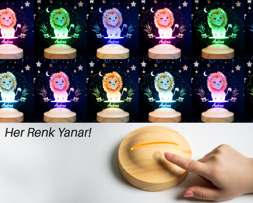 Aslan Figürlü LED Lamba – İsimli Çocuk Odası Hediyesi