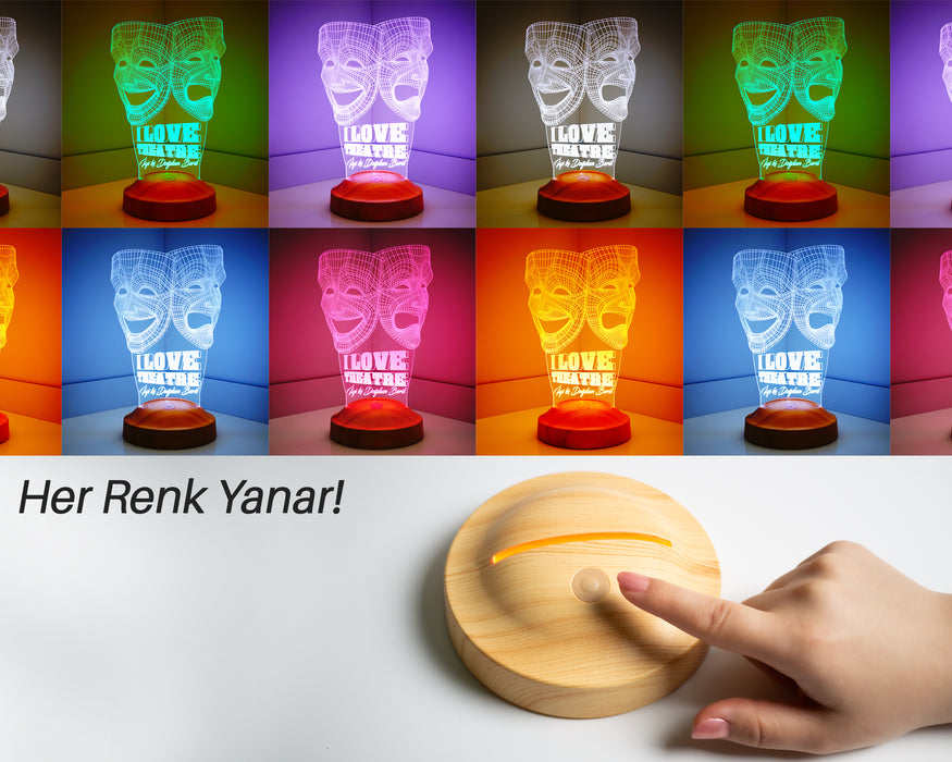 Dünya Tiyatro Günü Hediyesi, Kişiye Özel 3 Boyutlu Tiyatro Maskesi, Sock ve Buskin Sembolü Led Lamba