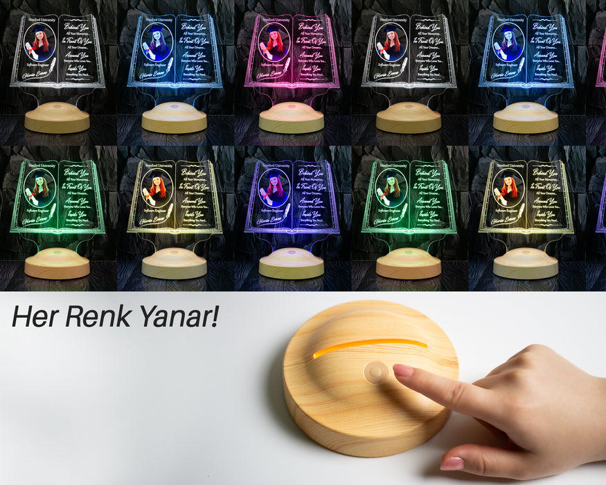 Fotoğraflı Mezuniyet Hediyesi LED Kitap Lamba / Kişiye Özel Resimli Kitap Mezuniyet Hediyesi / Okul Mezuniyetine Özel Fotoğraflı Hediye