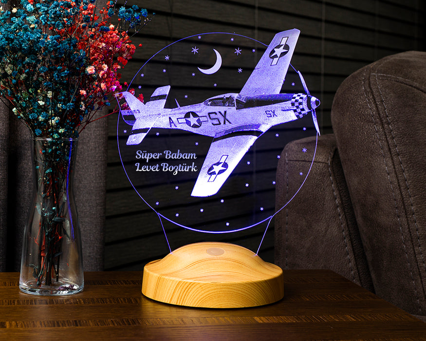 Babaya Hediye Babalar Günü Hediyesi Uçak Gecelambası Kişiye Özel 3D Led Lamba, Mustang P 51 Kuzey Amerika