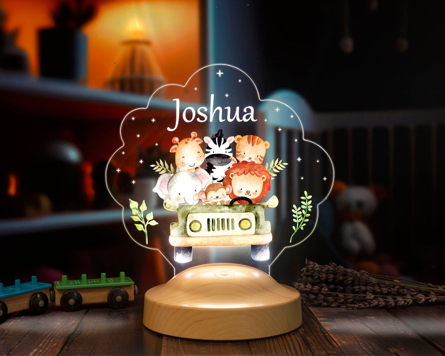 Safari Temalı Çocuk Doğum Günü Gece Lambası, Safari Temalı Jip Arabalı Parti Hediye Led Lamba, Sevimli Hayvanlar Bebek Gece Lambası