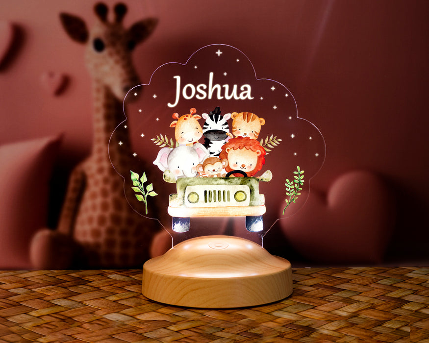 Safari Temalı Çocuk Doğum Günü Gece Lambası, Safari Temalı Jip Arabalı Parti Hediye Led Lamba, Sevimli Hayvanlar Bebek Gece Lambası