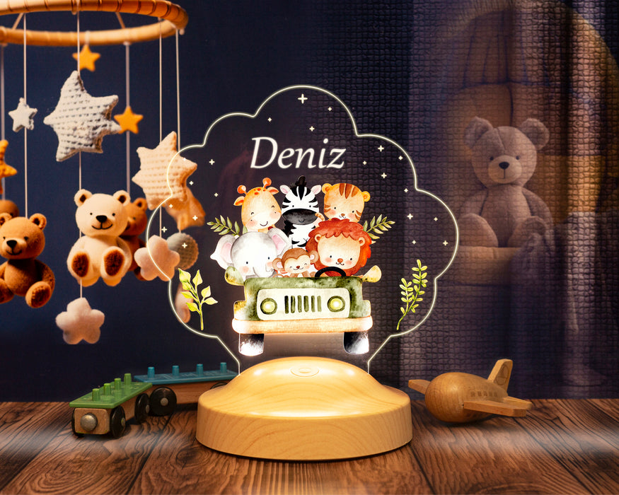 Safari Temalı Çocuk Doğum Günü Gece Lambası, Safari Temalı Jip Arabalı Parti Hediye Led Lamba, Sevimli Hayvanlar Bebek Gece Lambası