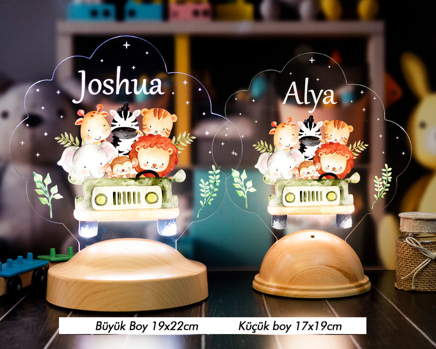 Safari Temalı Çocuk Doğum Günü Gece Lambası, Safari Temalı Jip Arabalı Parti Hediye Led Lamba, Sevimli Hayvanlar Bebek Gece Lambası
