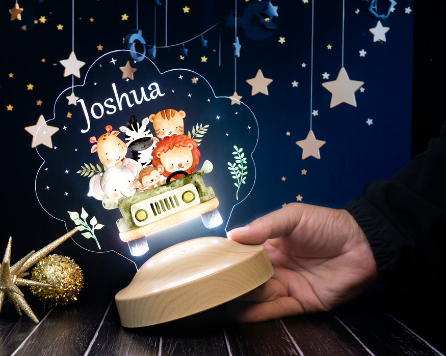 Safari Temalı Çocuk Doğum Günü Gece Lambası, Safari Temalı Jip Arabalı Parti Hediye Led Lamba, Sevimli Hayvanlar Bebek Gece Lambası
