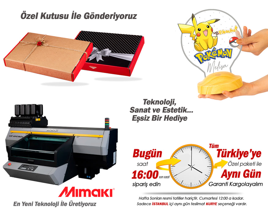 Pikachu Temalı Kişiye Özel LED Gece Lambası – Çocuklara ve Pokemon Hayranlarına Hediye Seçeneği