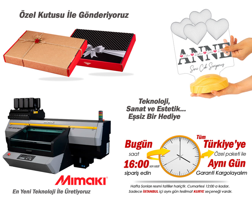 Anneler Günü Hediyesi, Anneye Hediye Kalpli Renkli İsim Yazılı Kişiye Özel 3D Led Lamba