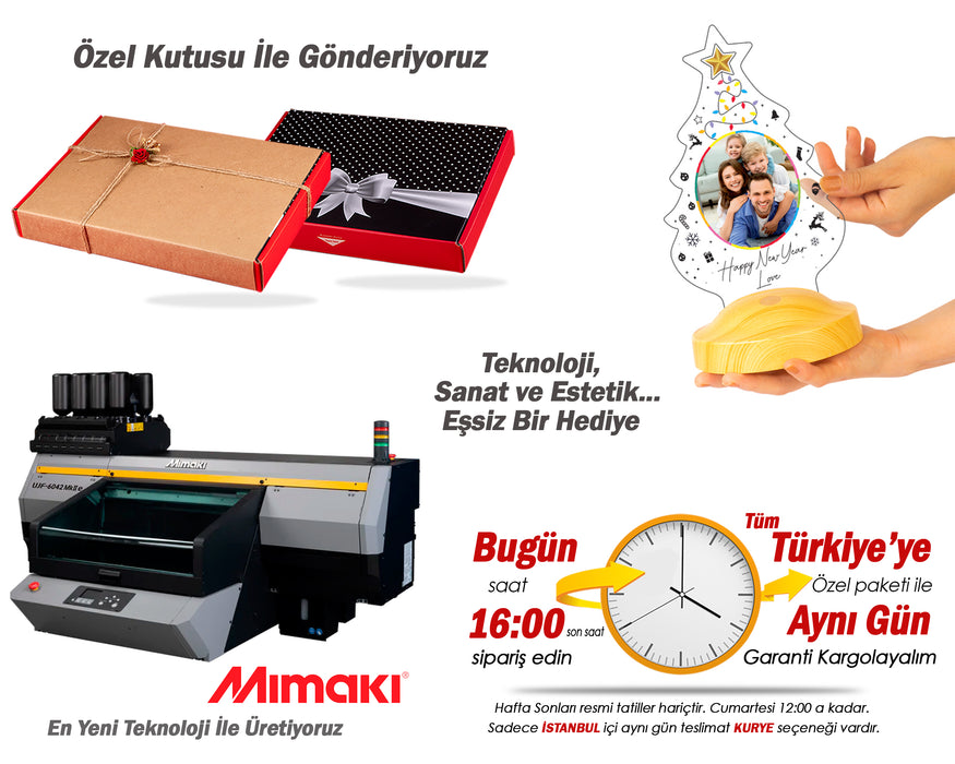 Yeni Yıl Hediyesi Renkli Baskılı Resimli Yılbaşı Çam Ağacı Kişiye Özel Gece Lambası, 3D Led Lamba, Yılbaşı Hediyesi