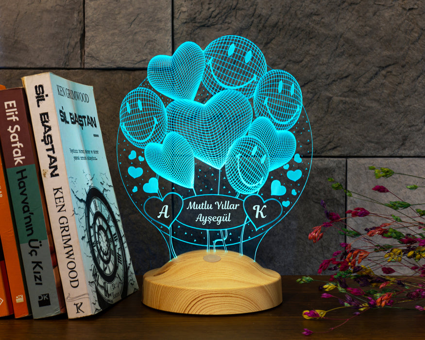 Yılbaşı Yeni Yıl Hediyesi Mutlu Yıllar 3D Smiley Kalpler Led Lamba