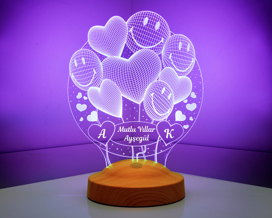 Yılbaşı Yeni Yıl Hediyesi Mutlu Yıllar 3D Smiley Kalpler Led Lamba