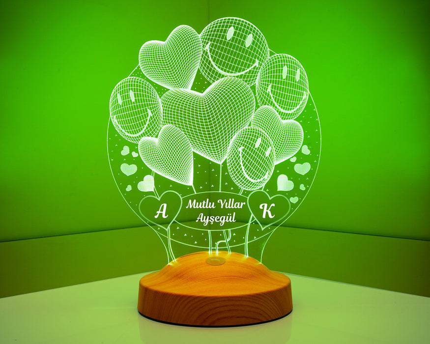 Yılbaşı Yeni Yıl Hediyesi Mutlu Yıllar 3D Smiley Kalpler Led Lamba