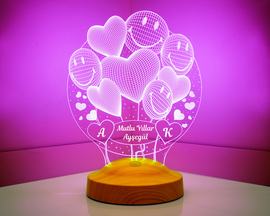 Yılbaşı Yeni Yıl Hediyesi Mutlu Yıllar 3D Smiley Kalpler Led Lamba