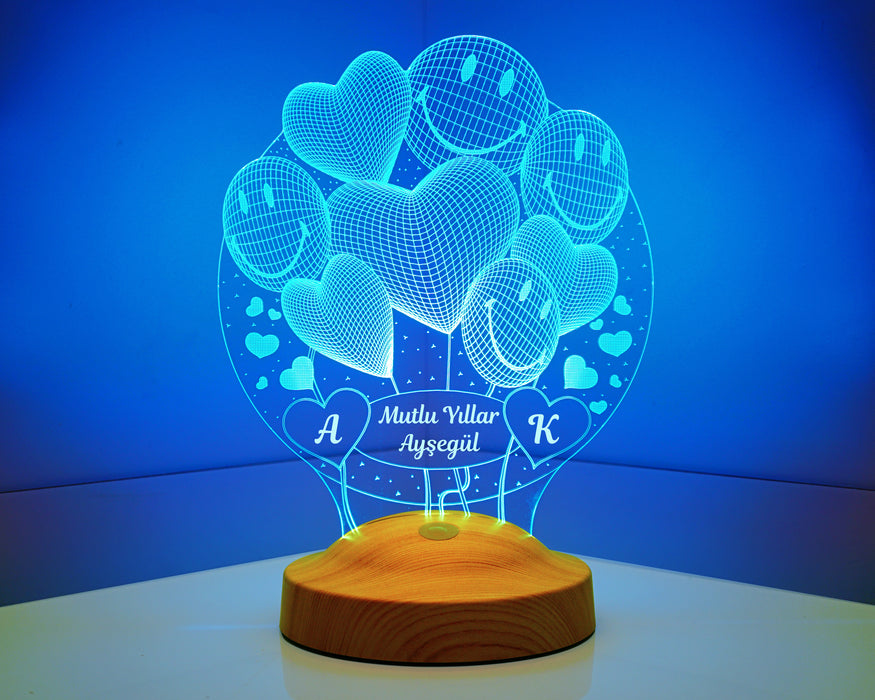 Yılbaşı Yeni Yıl Hediyesi Mutlu Yıllar 3D Smiley Kalpler Led Lamba