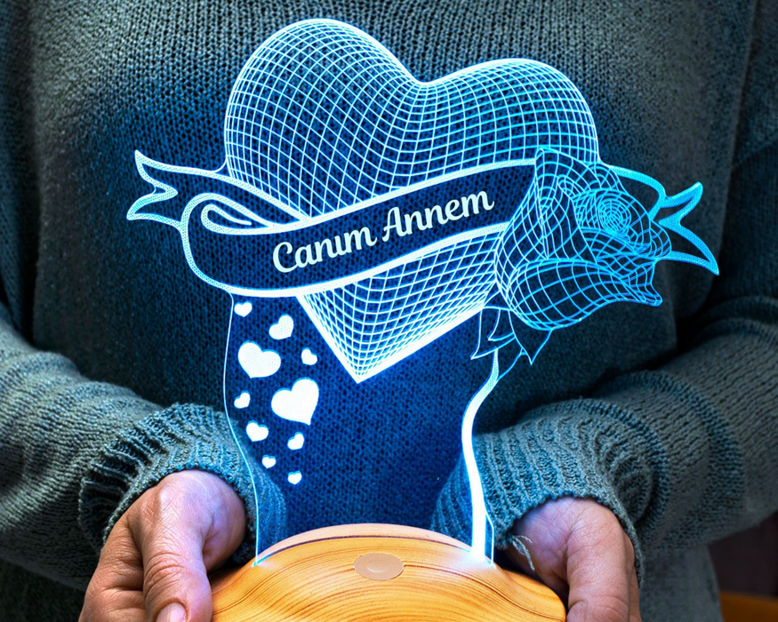 Canım Annem Kalp ve Gül Anneye Hediye, Anneler Günü Hediyesi 3D LED Lamba