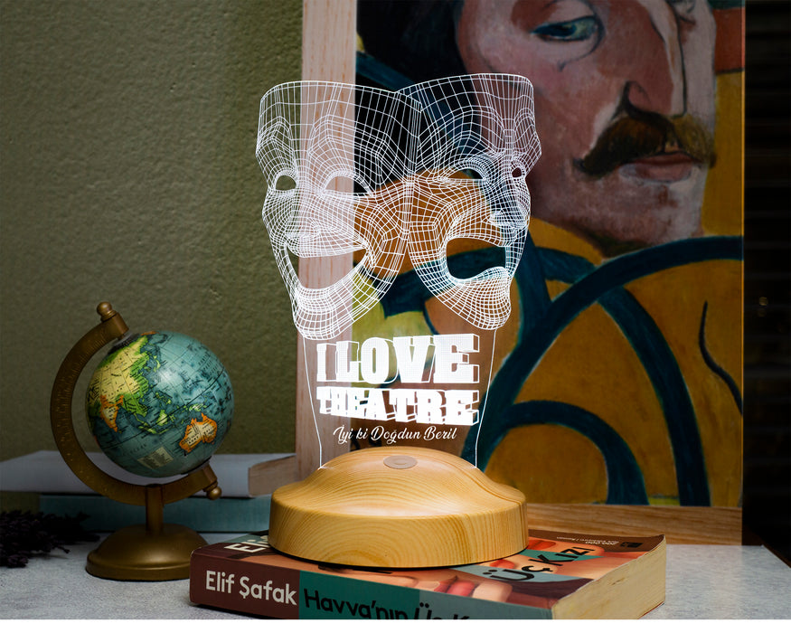 Dünya Tiyatro Günü Hediyesi, Kişiye Özel 3 Boyutlu Tiyatro Maskesi, Sock ve Buskin Sembolü Led Lamba