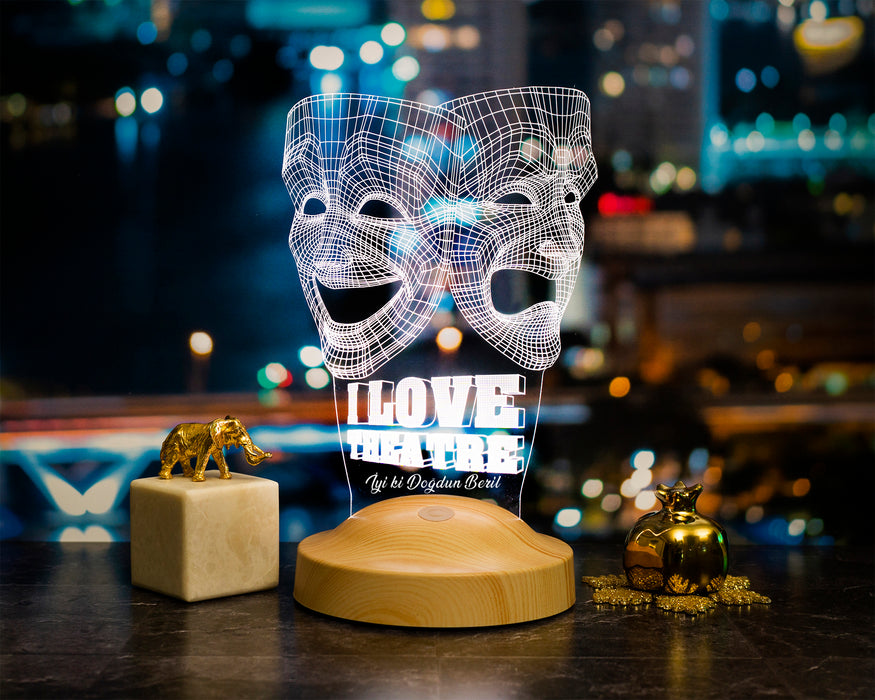 Dünya Tiyatro Günü Hediyesi, Kişiye Özel 3 Boyutlu Tiyatro Maskesi, Sock ve Buskin Sembolü Led Lamba