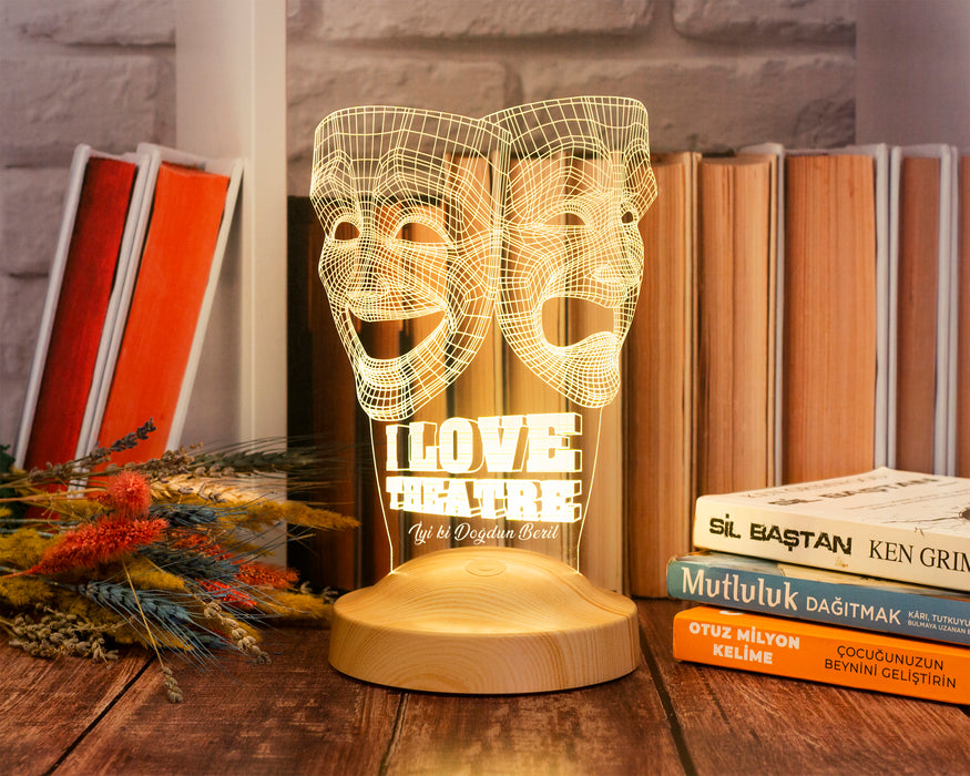 Dünya Tiyatro Günü Hediyesi, Kişiye Özel 3 Boyutlu Tiyatro Maskesi, Sock ve Buskin Sembolü Led Lamba
