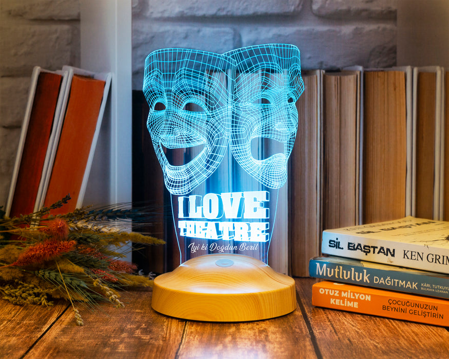 Dünya Tiyatro Günü Hediyesi, Kişiye Özel 3 Boyutlu Tiyatro Maskesi, Sock ve Buskin Sembolü Led Lamba