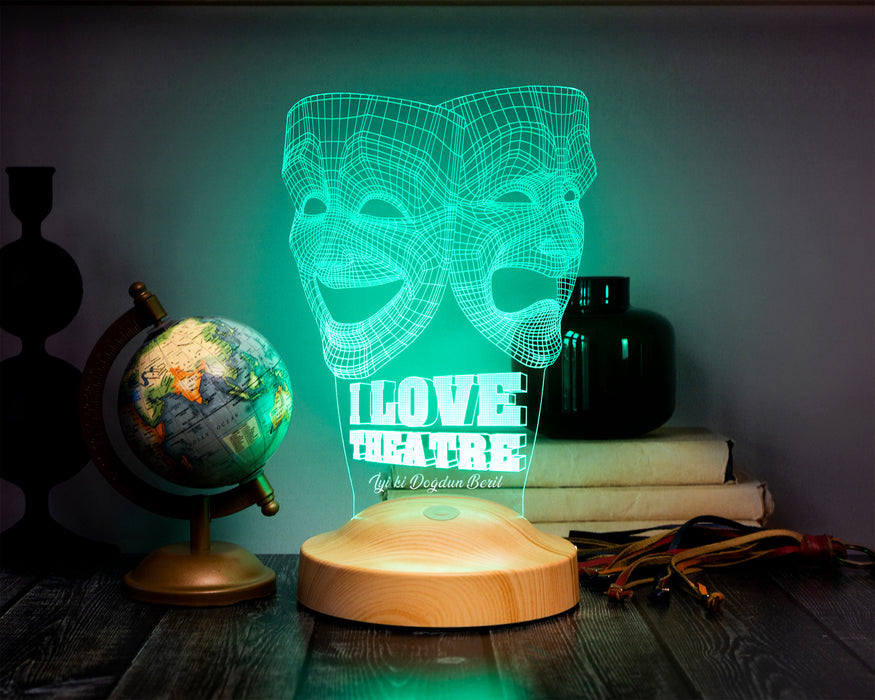 Dünya Tiyatro Günü Hediyesi, Kişiye Özel 3 Boyutlu Tiyatro Maskesi, Sock ve Buskin Sembolü Led Lamba