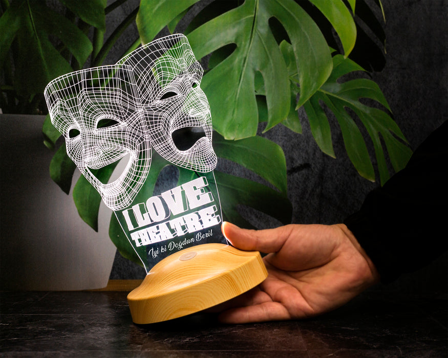 Dünya Tiyatro Günü Hediyesi, Kişiye Özel 3 Boyutlu Tiyatro Maskesi, Sock ve Buskin Sembolü Led Lamba