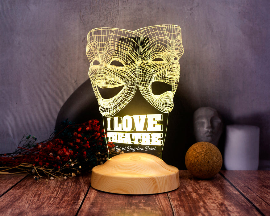 Dünya Tiyatro Günü Hediyesi, Kişiye Özel 3 Boyutlu Tiyatro Maskesi, Sock ve Buskin Sembolü Led Lamba